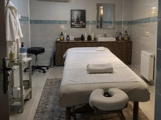 Lavabolu, raflı odada hazır masaj masası — Haznedar, Masaj Salonun